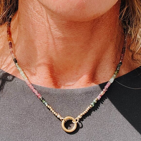 Watermelon Tourmaline Necklace Gemstone Beaded Necklace Gold Charm Clasp PRETTY - Picture 8 of 12